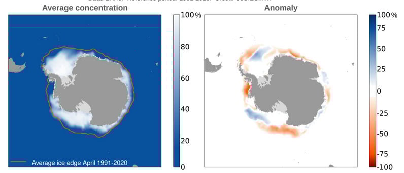 Figura 3: Esquerda: Concentração média de gelo marinho na Antártica em abril de 2025. A linha laranja espessa indica a extensão climatológica do gelo para o mês de abril, com base no período de 1991 a 2020. Direita: Anomalia de concentração de gelo marinho na Antártica em abril de 2025 em relação à média de abril do período de 1991 a 2020. Fonte dos dados: ERA5. Crédito: C3S/ECMWF.