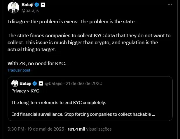 Vazamento de dados da Coinbase “vai levar pessoas à morte”, diz fundador do TechCrunch Noticias No BR 2 Balaji Srinivasan, ex-diretor da Coinbase, diz que empresas são obrigadas a cumprir regras de KYC e que culpa por vazamento de dados é inteira do governo. Fonte: X.