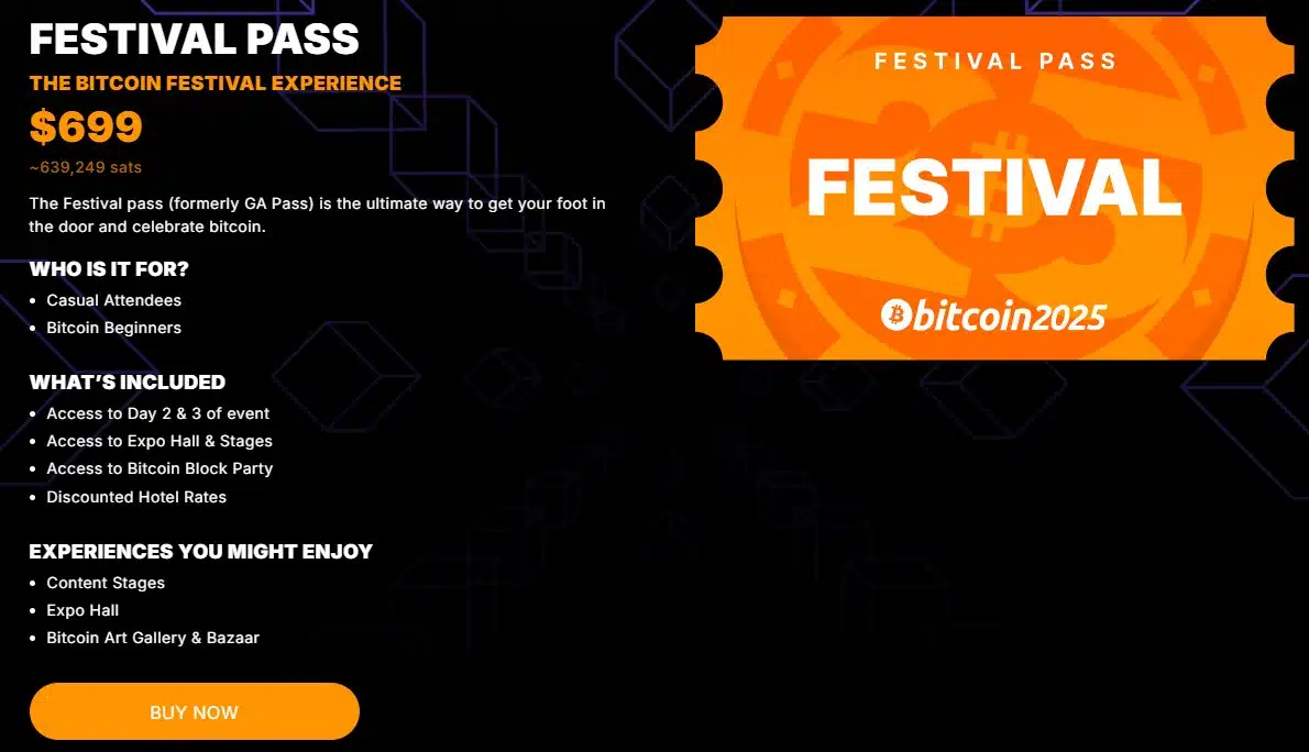 Conferência Bitcoin 2025 reúne os maiores players da indústria nesta semana, veja a lista de participantes Noticias No BR 2 Ingressos da conferência Bitcoin 2025 continuam à venda. Fonte: Bitcoin 2025/Reprodução.