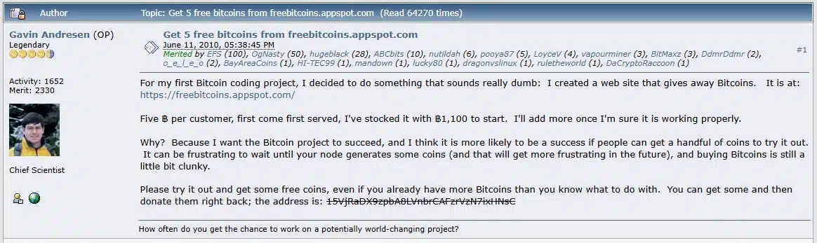 Site que dava 5 bitcoins para cada visitante será revivido por investidor Noticias No BR 1 Gavin Andresen anunciando primeiro “faucet” de Bitcoin. Fonte: Bitcointalk.