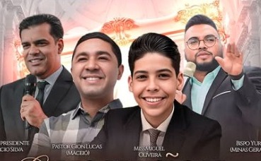 O adolescente Miguel Oliveira (à frente) e outros pastores em anúncio de pregação