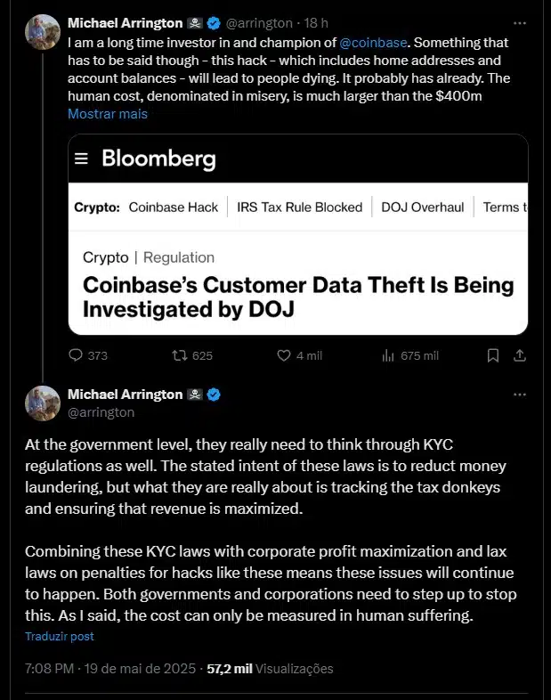 Vazamento de dados da Coinbase “vai levar pessoas à morte”, diz fundador do TechCrunch Noticias No BR 1 Michael Arrington, fundador do TechCrunch, critica postura da Coinbase. Fonte: X.