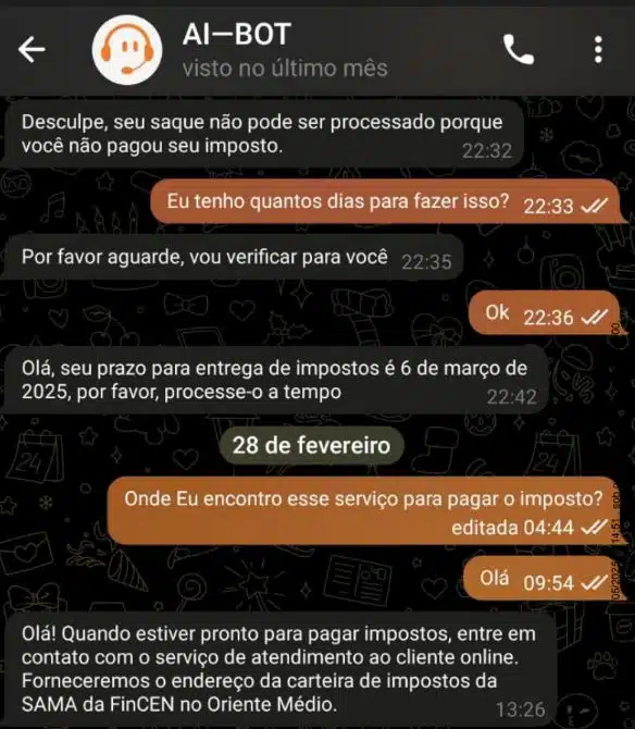 Brasileiro tenta saque de criptomoedas e é negado por "falta de pagamento de imposto" no Oriente Médio Noticias No BR 1 Brasileiro cobrou saque de falsa plataforma de criptomoedas, que afirmou que não poderia liberar valores enquanto ele não pagasse Imposto de Renda
