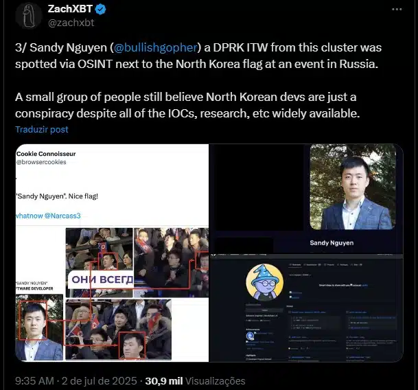 ZachXBT expõe identidade de hacker-norte-coreano que se passa por desenvolvedor. Fonte: X/Reprodução.