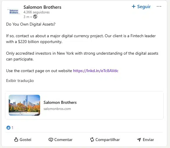 Endereços de Bitcoin receberam mensagens suspeitas dias antes de movimentação bilionária Noticias No BR 4 Postagem suspeita no LinkedIn do Salomon Brothers sobre criptomoedas. Fonte: Reprodução.