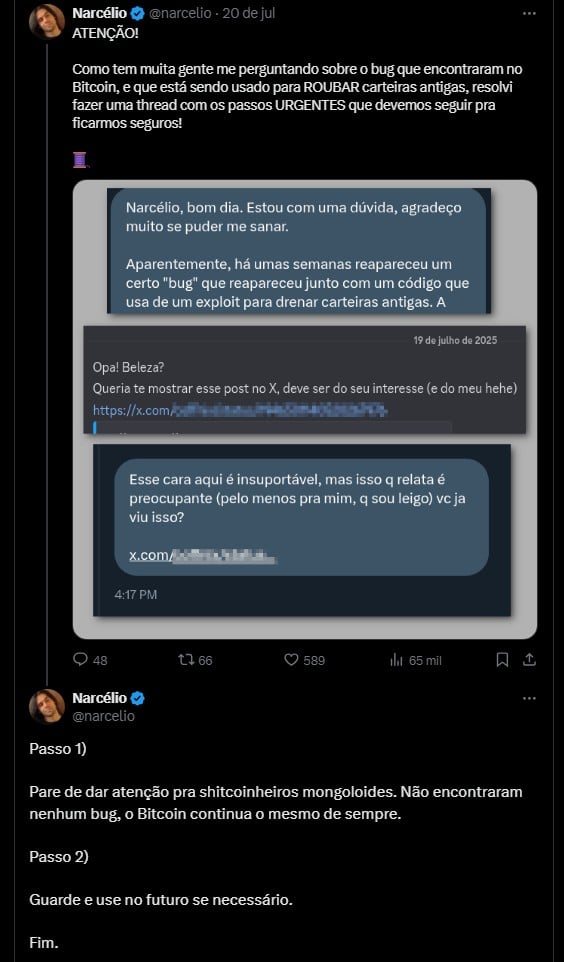 Narcélio, brasileiro especialista em Bitcoin, sobre rumores de vulnerabilidade no Bitcoin. Fonte: X.