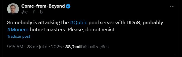 Monero (XMR) enfrenta ataque de 51% por um dos maiores desenvolvedores do mercado Noticias No BR 2 Qubic sofre DDoS, mas desenvolvedor do projeto brinca com ataques. Fonte: X.