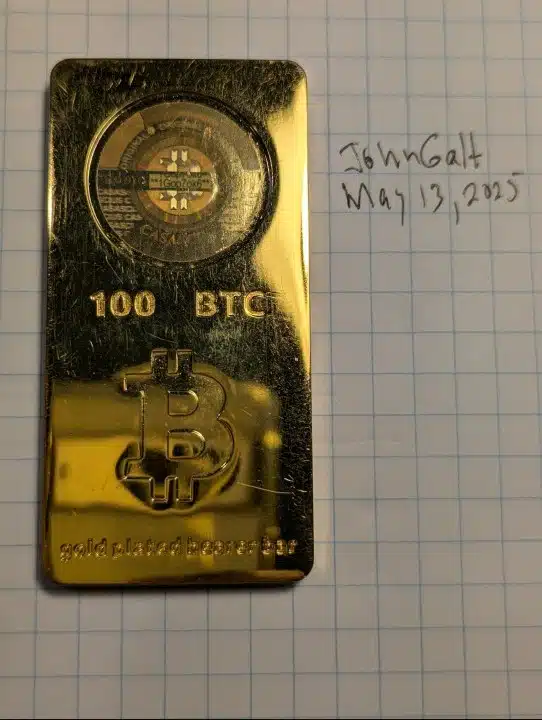 Barra de ouro com 100 bitcoins de JohnGalt. Fonte: Bitcointalk/Reprodução.