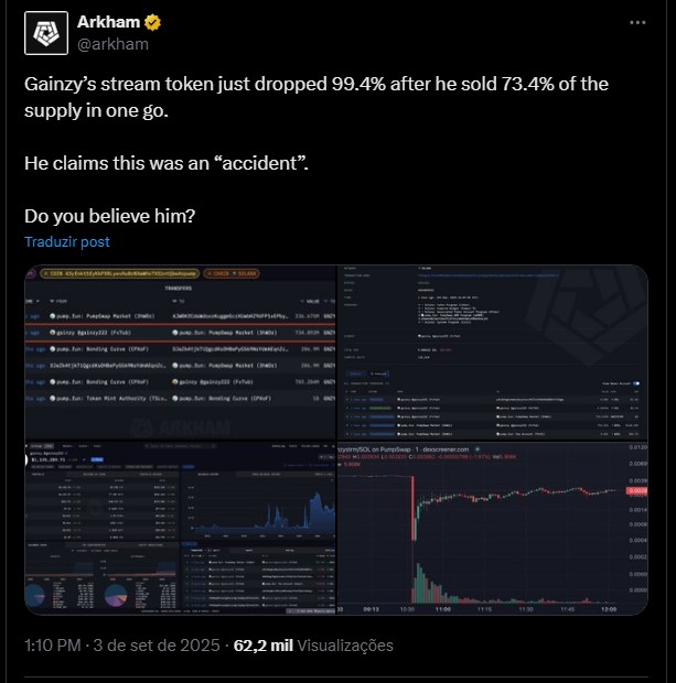 Streamer faz criptomoeda cair 99% após “clicar em botão errado” e é acusado de golpe Noticias No BR 2 Arkham, famosa empresa de inteligência on-chain, não parece ter acreditado na história do streamer que disse ter vendido suas criptomoedas por acidente. Fonte: X.