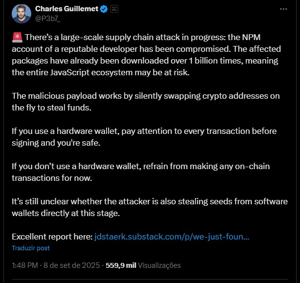 “Evite fazer qualquer transação de criptomoedas”, diz diretor da Ledger citando ataque de larga escala Noticias No BR 1 CTO da Ledger, Charles Guillemet, faz alerta sobre ataque de larga escala que pode roubar criptomoedas. Fonte: X.