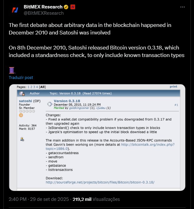 “Ainda não tenho uma posição”, diz Nick Szabo sobre próxima atualização do Bitcoin Noticias No BR 6 Postagem de Satoshi Nakamoto visava bloquear certos tipos de transações na rede Bitcoin. Fonte: X.