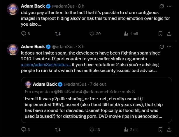 “Use o Knots”, diz Nick Szabo em desapoio à próxima atualização do Bitcoin Noticias No BR 4 Adam Back defende que atualização do Bitcoin Core v30 não se trata de incentivar spam, mas sim proteger a rede da inserção de dados por outros métodos mais nocivos. Fonte: X.