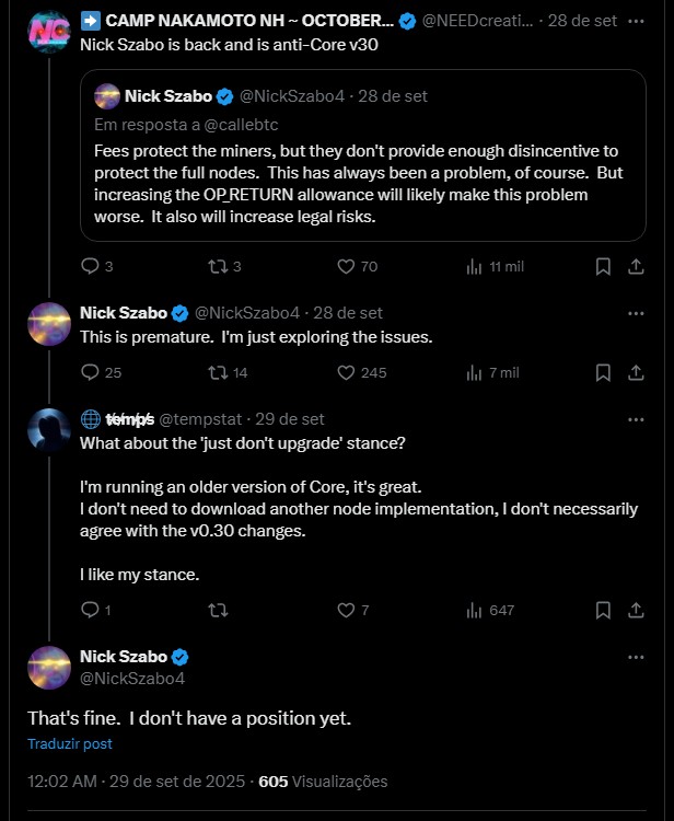 “Ainda não tenho uma posição”, diz Nick Szabo sobre próxima atualização do Bitcoin Noticias No BR 1 Nick Szabo retorna as redes sociais e alimenta discussão sobre próxima atualização do Bitcoin Core. Fonte: X.