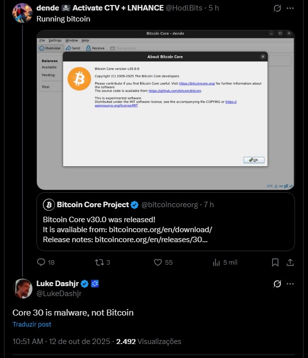 Bitcoin recebe sua atualização mais polêmica da história, veja mudanças Noticias No BR 1 Discussões sobre Bitcoin Core v30 continuam após lançamento da atualização. Fonte: X.