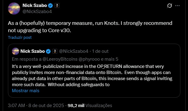 “Use o Knots”, diz Nick Szabo em desapoio à próxima atualização do Bitcoin Noticias No BR 1 Nick Szabo, criador do 'bit gold', recomendando uso do Bitcoin Knots ao invés do Core. Fonte: X.