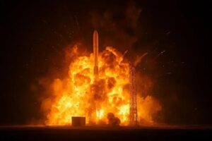 Explosão da nave da Blue Origin durante teste em plataforma de lançamento